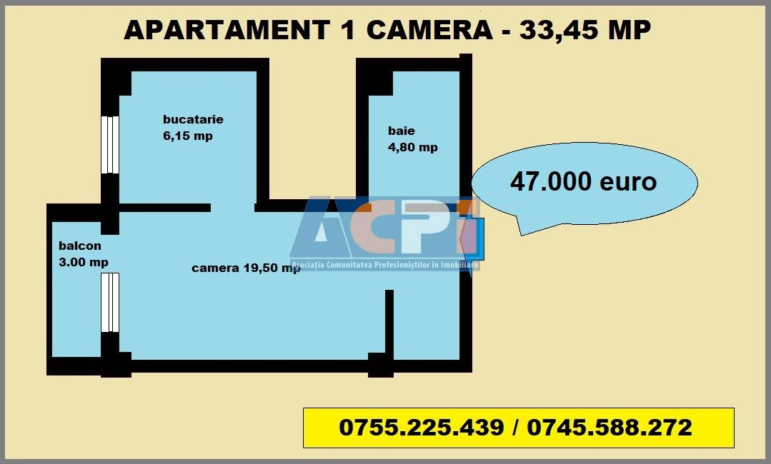 Apartament 1 camera, 33,45 mp, bloc nou de vanzare in Iasi capat Cug Valea Adanca