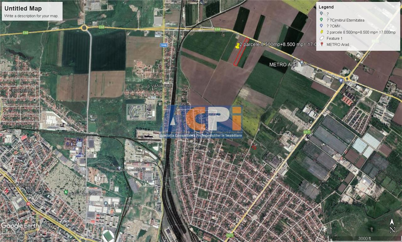 Teren intravilan 2 parcele de 8500 mp front la centura Aradului linga Metro