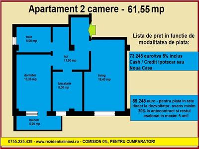 De vanzare apartament 2 camere, 61,55 mp, decomandat, baie cu geam, bloc nou Bucium Visan